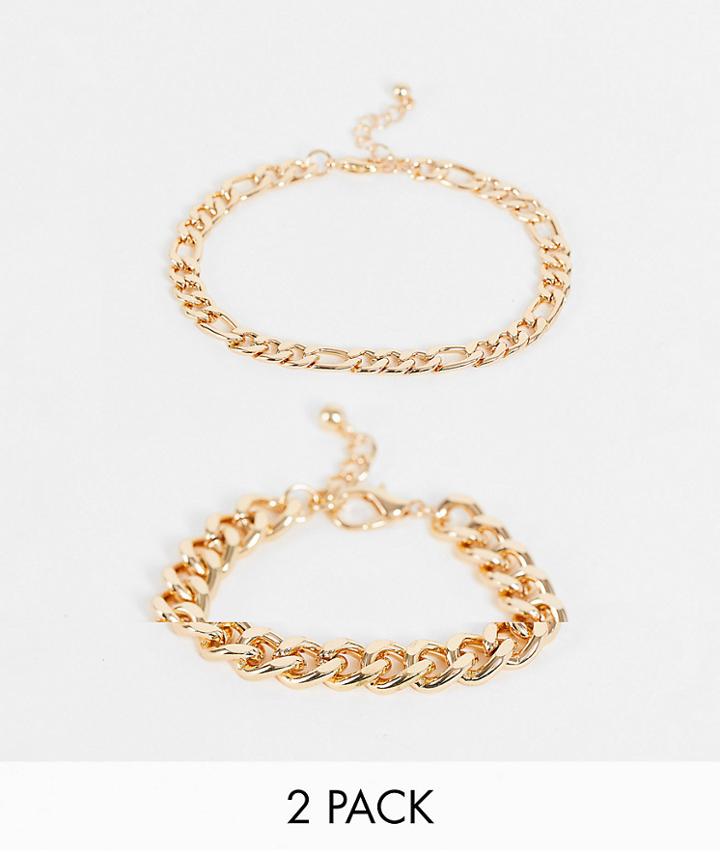 Asos Design 2 Pack Bracelet Set With Curb And Figaro Chains In Gold Tone