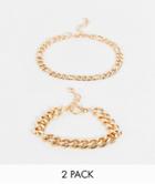 Asos Design 2 Pack Bracelet Set With Curb And Figaro Chains In Gold Tone
