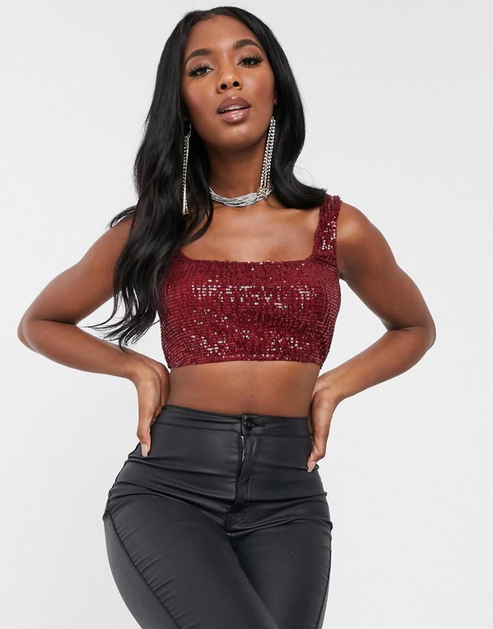 Club L London Sequin Crop Top In Dark Red