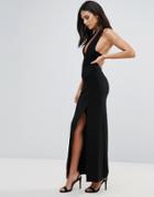Love Halter Neck Maxi Dress With Split Detail - Black