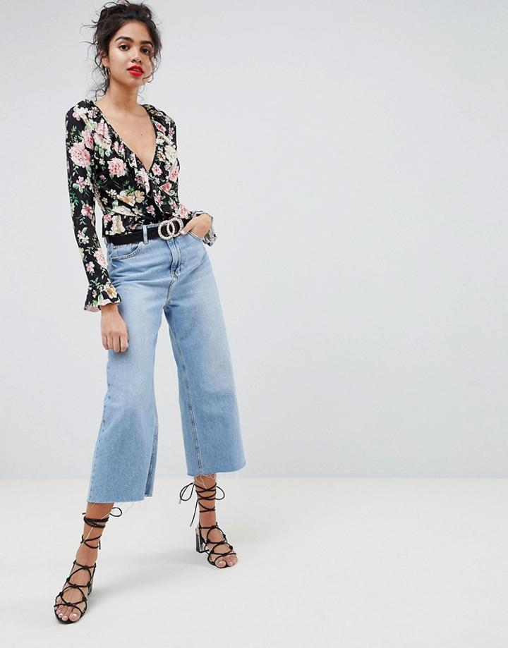 Asos Design Ruffle Wrap Long Sleeve Top In Black Base Rose Print - Multi