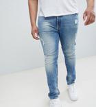 Asos Design Plus Super Skinny Jeans In Mid Wash Vintage Blue With Abrasions - Blue
