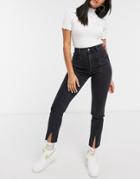 Stradivarius Split Front Mom Jeans With Stretch In Black