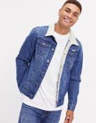 Liquor N Poker Denim Jacket With Fleece Collar In Dark Blue Wash-blues