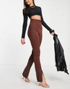 Flounce London High Waist Tailored Stretch Pants With Split Front In Bitter Chocolate-brown