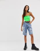 Collusion Long Line Shorts In Light Blue Wash With Rips - Blue