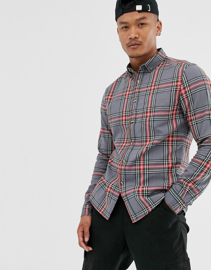 Asos Design Slim Check Shirt In Gray
