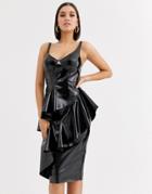 Asos Design Premium Vinyl Cupped Waterfall Midi Dress-black