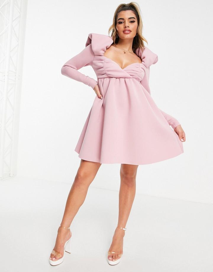 Asos Design Sweetheart Neck Puff Sleeve Skater Mini Dress In Pink