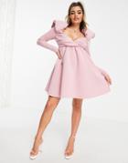 Asos Design Sweetheart Neck Puff Sleeve Skater Mini Dress In Pink