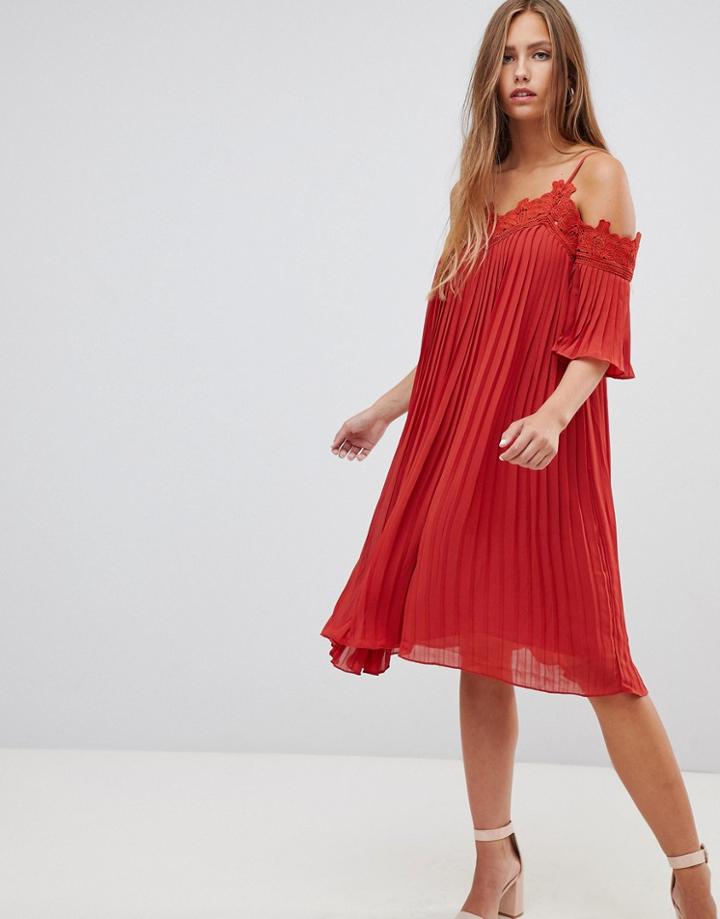 Gilli Cold Shoulder Pleated Midi Dress With Crochet Trim-red