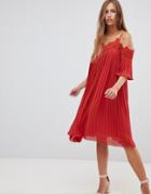 Gilli Cold Shoulder Pleated Midi Dress With Crochet Trim-red