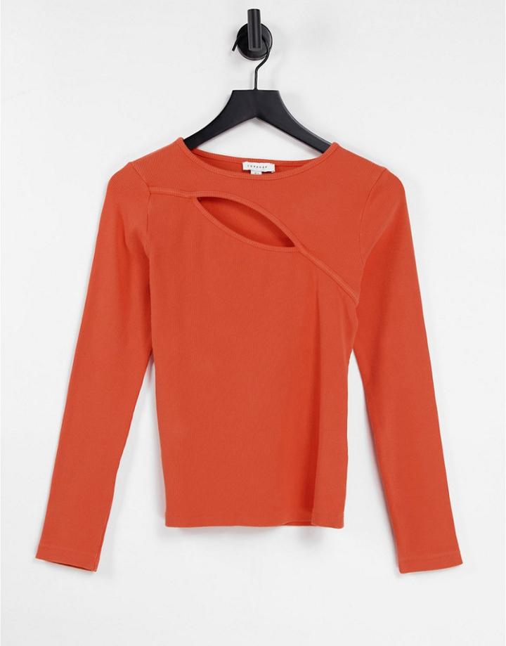 Topshop Compact Rib Cut-out Long Sleeve Top In Orange