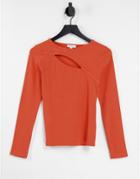 Topshop Compact Rib Cut-out Long Sleeve Top In Orange