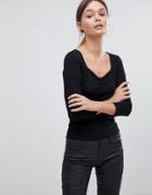 Asos Design Top With 3/4 Sleeves And Sweetheart Neck - Black