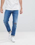 Asos Stretch Slim Jeans In Mid Wash With Knee Rips - Blue