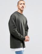 Asos Oversized Longline Sweatshirt With Distressing In Khaki - Khaki