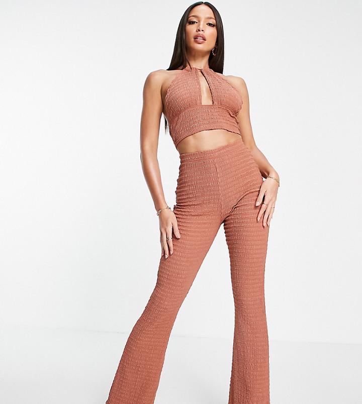 Asos Design Tall Matching Textured Keyhole Halter Beach Crop Top In Mink-brown