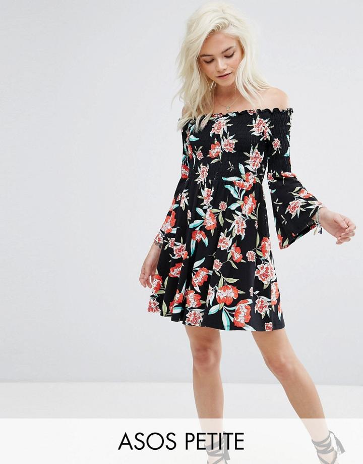 Asos Petite Shirred Bardot Mini Dress With Trumpet Sleeve In Floral Print - Multi