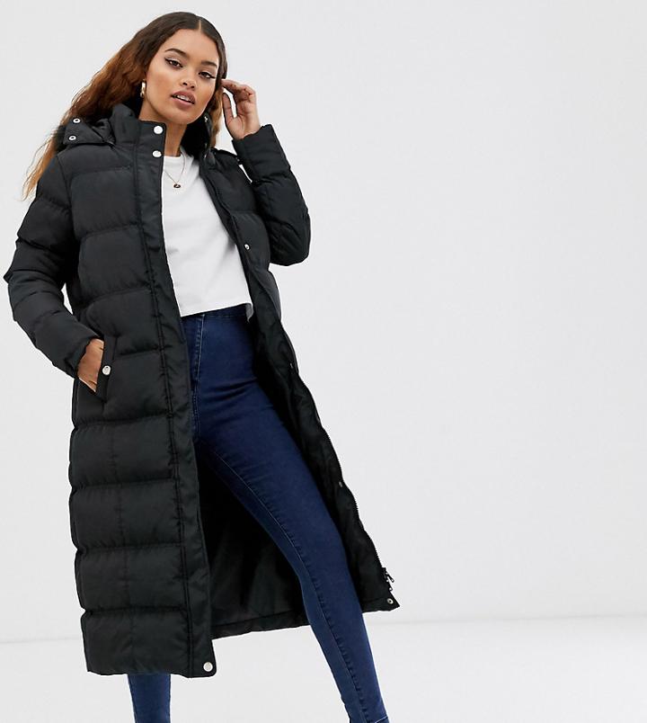 Brave Soul Petite Longline Puffer Jacket With Faux Fur Trim Hood-black