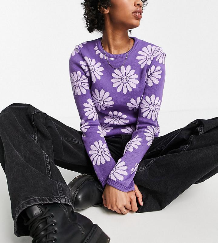 Asos Design Tall Sweater With Flower And Smile Pattern In Lilac-purple