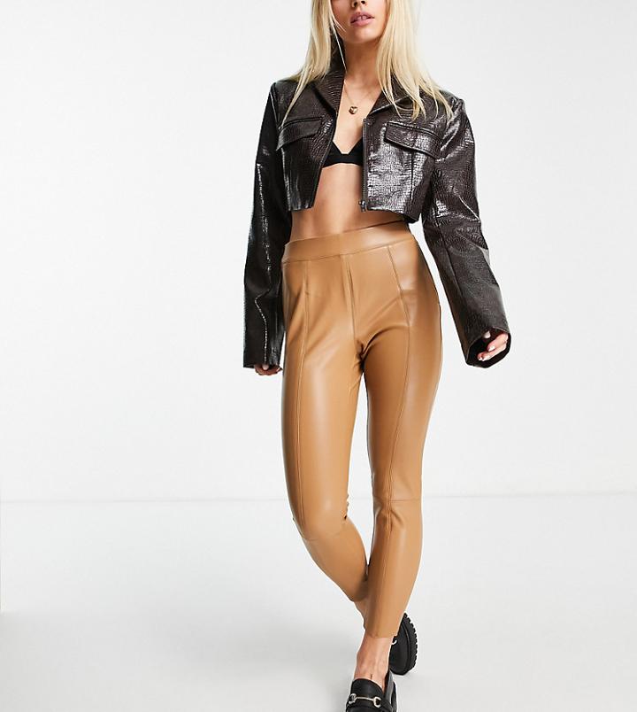 Topshop Petite Faux Leather Pants In Camel-neutral