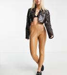 Topshop Petite Faux Leather Pants In Camel-neutral