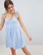 Asos Mini Smock Dress With Tie Straps - Blue