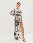 Asos Design One Sleeve Satin Maxi Dress In Mono Check Print - Multi