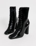 Glamorous Black Patent Lace Up Ankle Boots