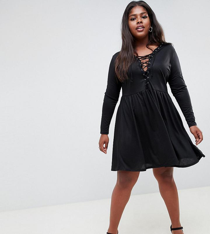 Brave Soul Plus Dara Dress With Lace Up Detail-black