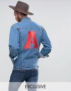 Reclaimed Vintage Inspired Oversized Denim Jacket With Varsity Back Print - Blue