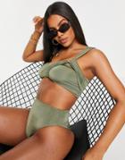 Asos Design Twist Drape Asymmetric Crop Bikini Top In Khaki-green