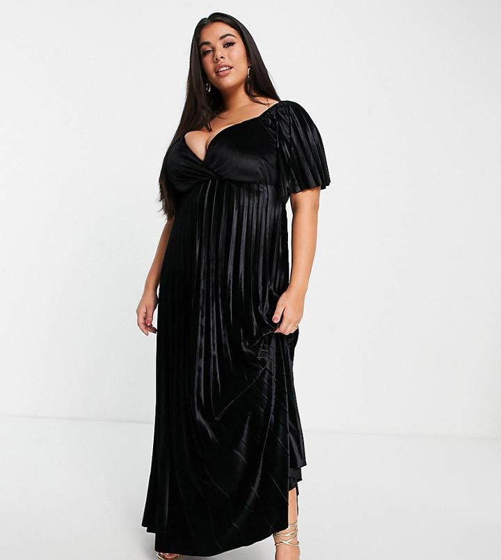 Asos Design Curve Twist Back Empire Waist Pleated Velvet Maxi Dress In Black
