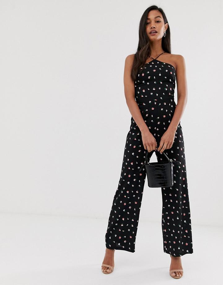 Fashion Union High Halter Neck Jumpsuit In Floral-black