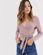 Asos Design Wrap Top In Rib With Long Sleeve-pink
