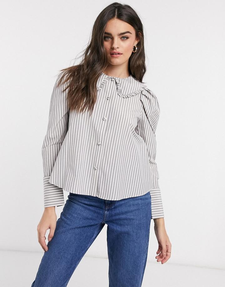 Asos Design Long Sleeve Shirt With Frill Collar Detail In Stripe-multi