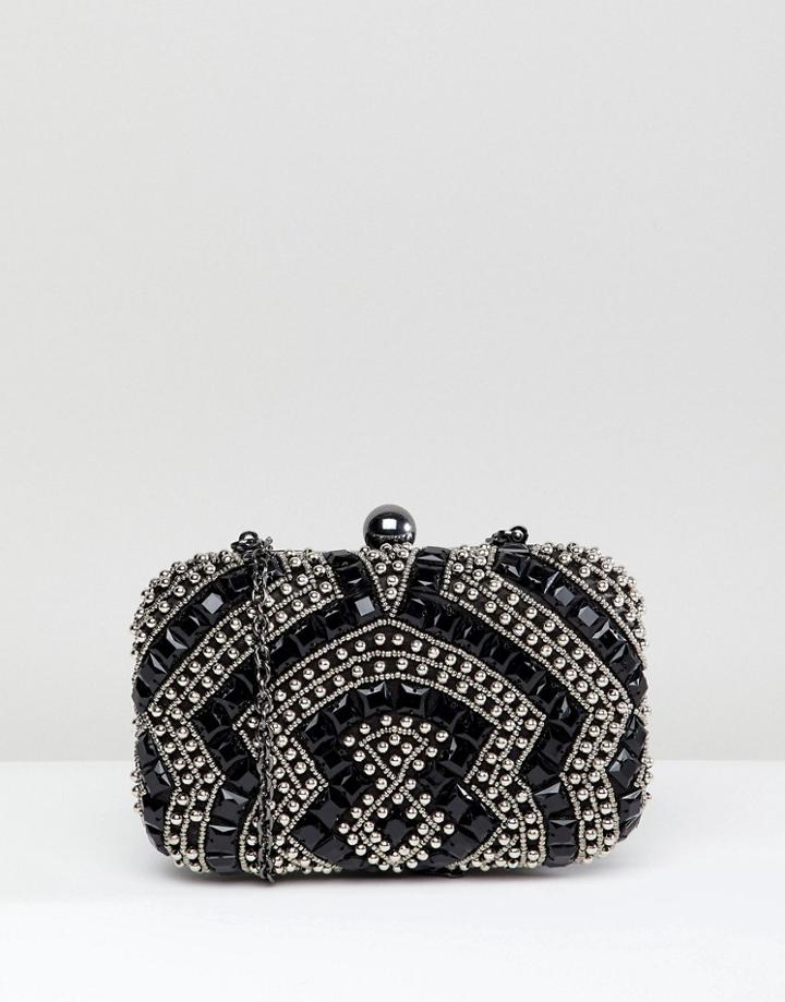 True Decadence Black Beaded Embellished Box Clutch Bag - Black