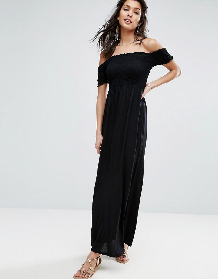 Asos Off Shoulder Maxi Sundress With Shirring - Black