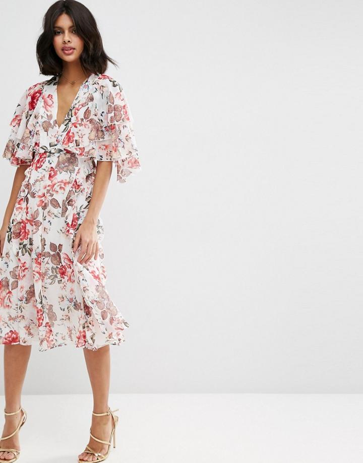 Asos Ruffle Cape Soft Midi Dress In Vintage Floral - Multi
