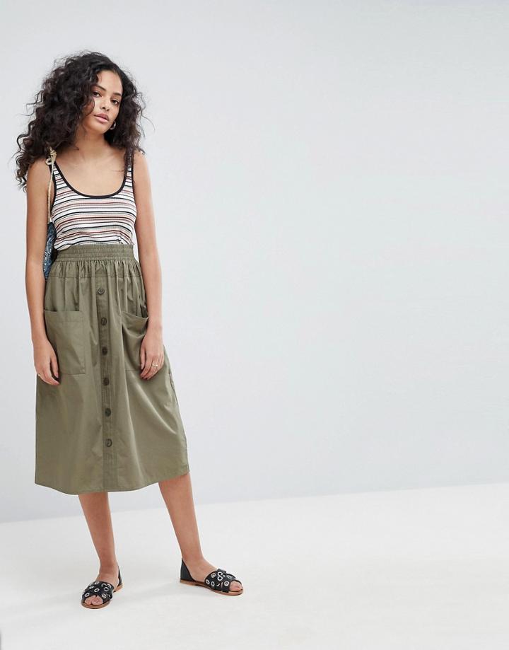 Asos Cotton Midi Skirt With Button Front - Green