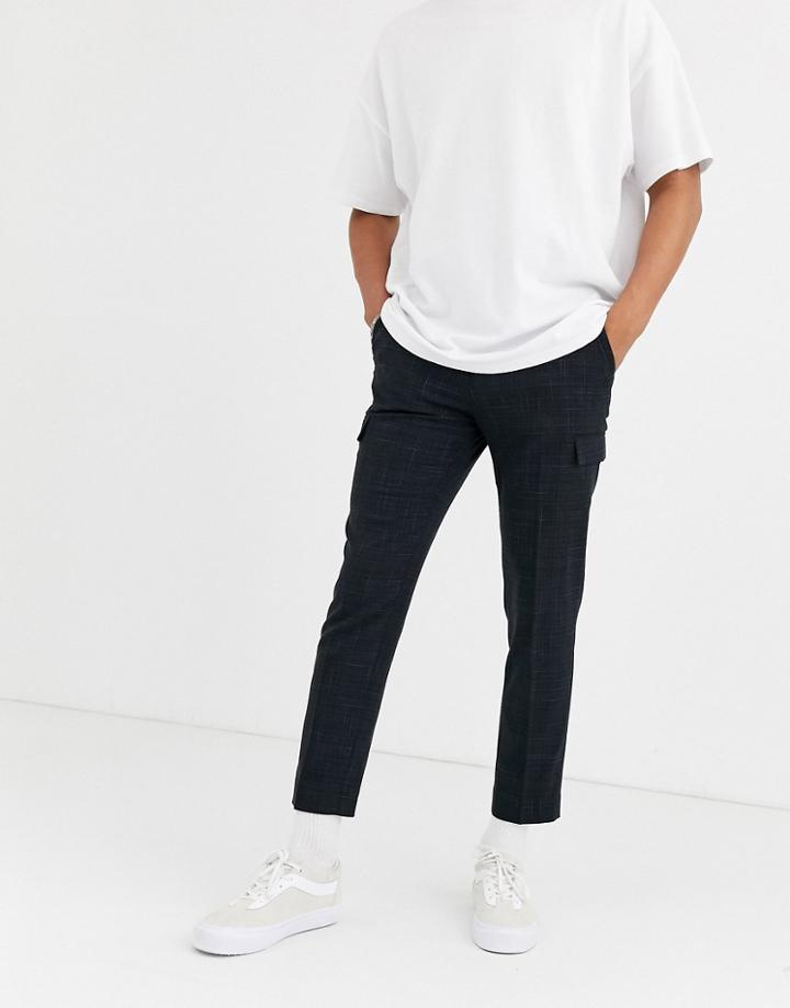 Asos Design Skinny Crop Smart Pants With Cargo Pockets In Black And Blue Cross Hatch
