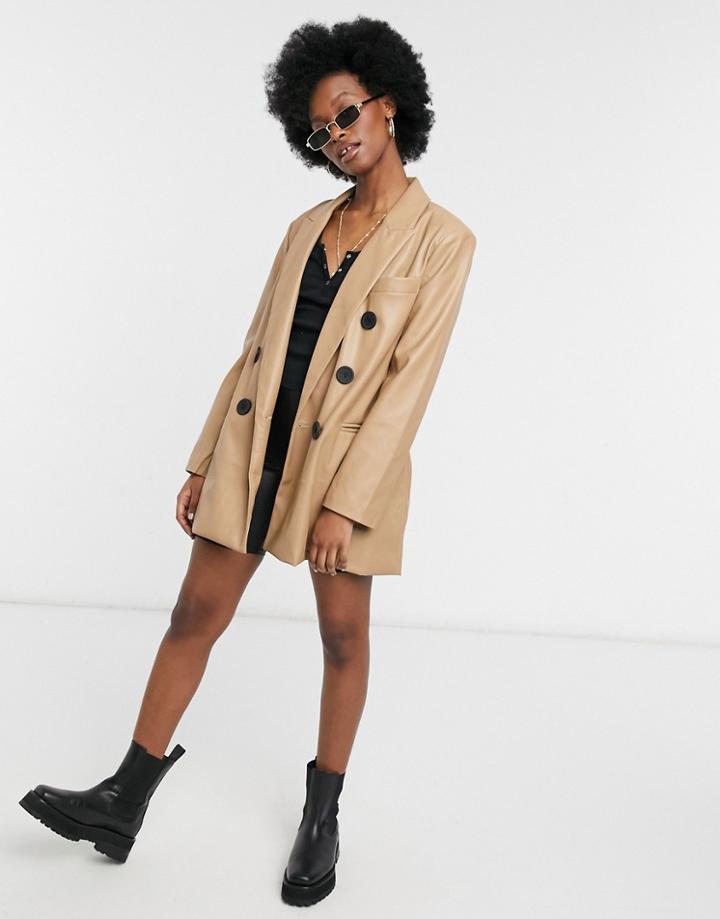 River Island Faux Leather Double Breasted Dad Blazer In Camel-brown