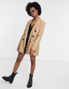 River Island Faux Leather Double Breasted Dad Blazer In Camel-brown
