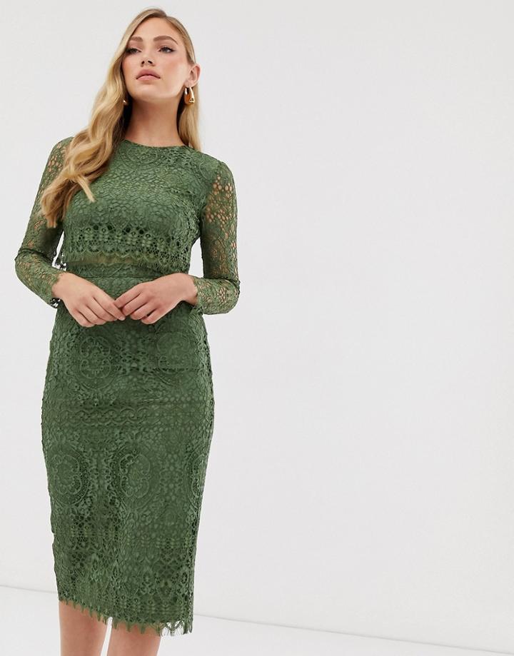 Asos Design Lace Long Sleeve Midi Pencil Dress-red