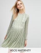 Asos Maternity Bugle Beaded Long Sleeve Skater Dress - Green