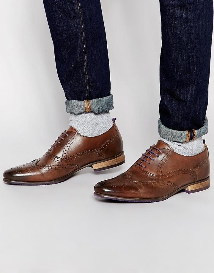 Asos Brogue Shoes In Brown Leather With Colored Tread - Brown