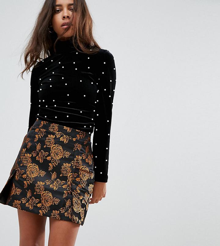 Fashion Union Petite High Neck Top In Velvet With Peral Embellishment - Black