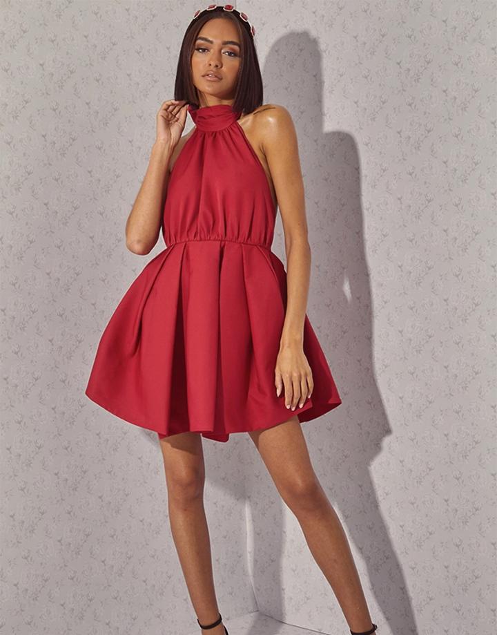 In The Style X Lorna Luxe High Neck Ruffle Detail Mini Dress In Pink