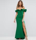 Jarlo Tall Frill Off Shoulder Maxi Dress With Thigh Split - Green